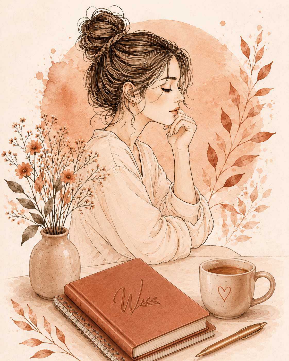 Woman reflecting beside flowers, tea, and a journal
