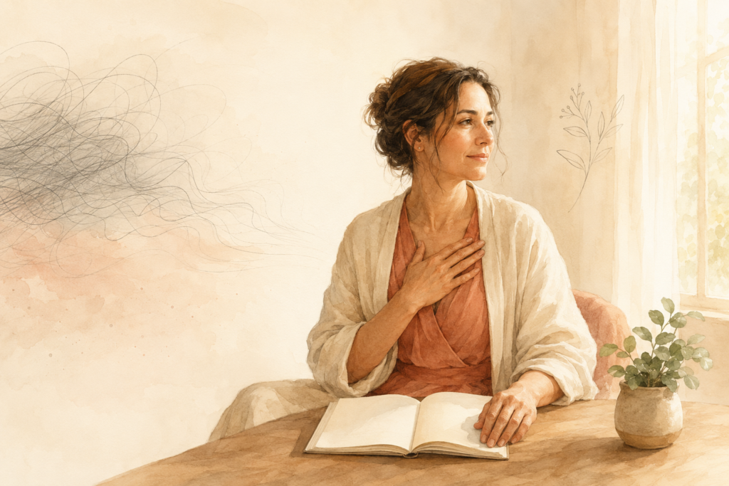 Woman learning how to stop overthinking through mindful breathing beside a softly lit window