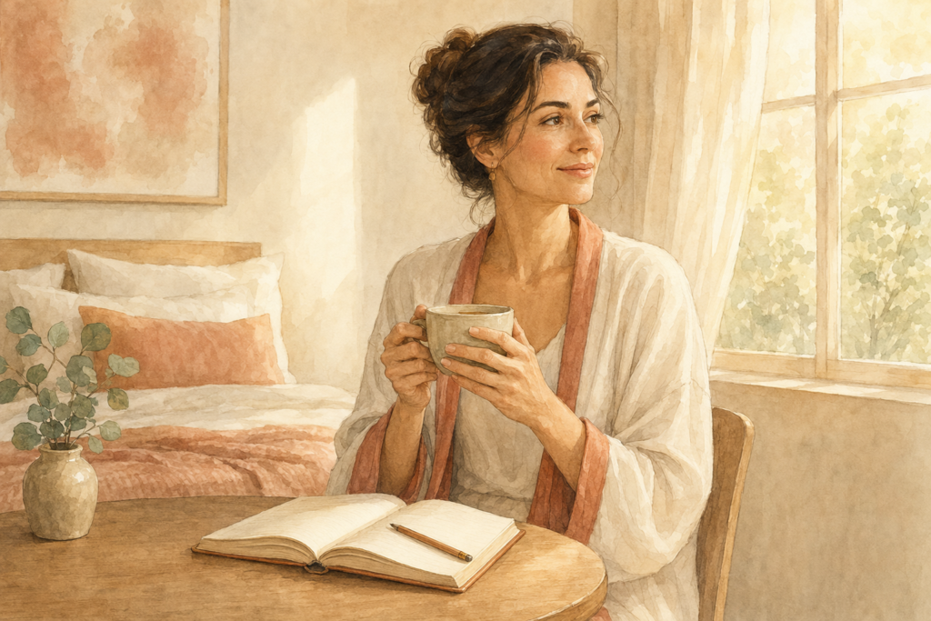 Woman practising morning habits that improve confidence beside a softly lit window